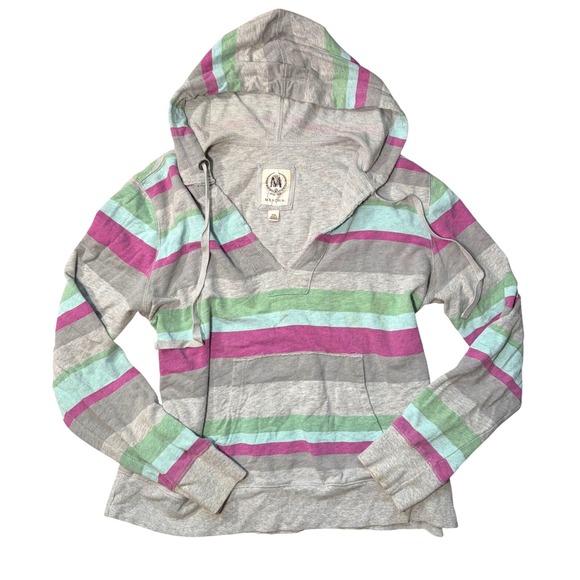 Merona Tops - Y2K Striped Preppy XXL Striped V-Neck Hoodie Cotton French Pullover Grey Multi